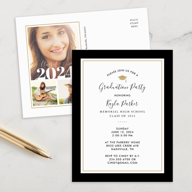 Black and Gold 3 Photo Graduation Party Invitation (Créateur téléchargé)