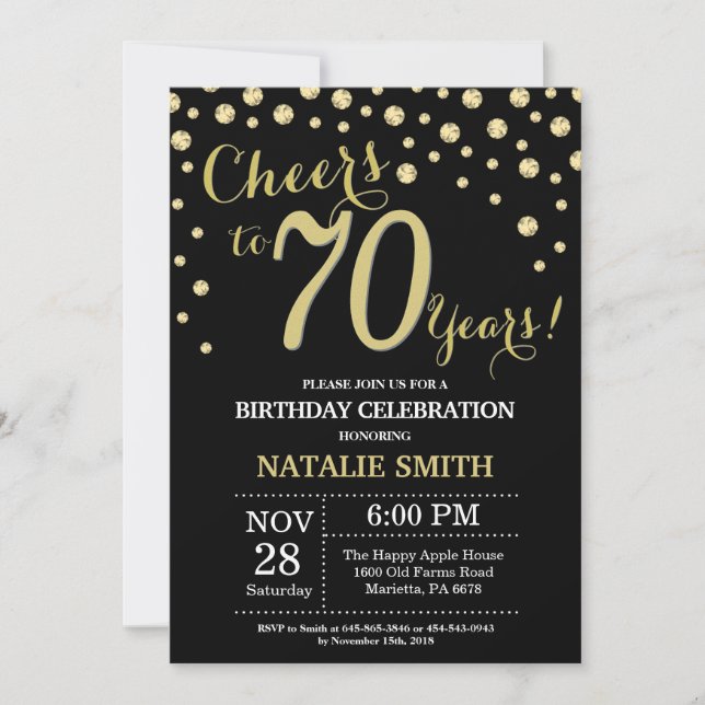 Black and Gold 70th Birthday Diamond Invitation (Devant)