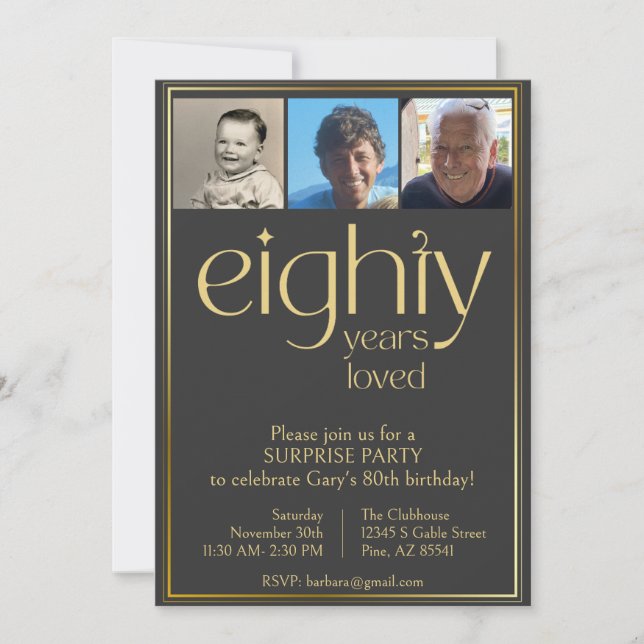 Black and Gold 80th Birthday Party Invitation (Devant)