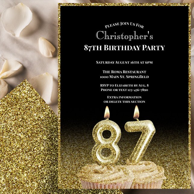 Black and Gold 87th Birthday Invitation For Him (Créateur téléchargé)