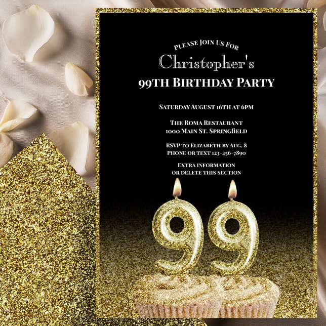 Black and Gold 99th Birthday Invitation For Him (Créateur téléchargé)