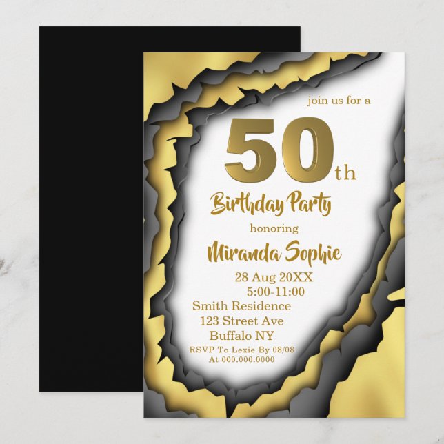 Black and Gold Agate 50th Birthday Invitations (Devant / Derrière)