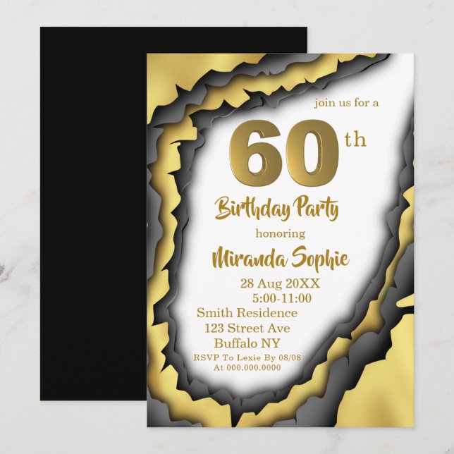 Black and Gold Agate 60th Birthday Invitations (Devant / Derrière)