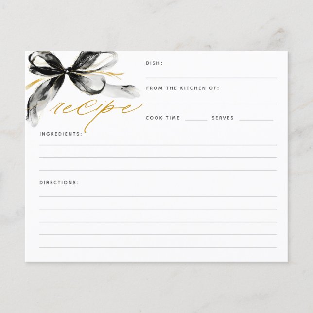 Black and Gold Bow Bridal Shower Recipe Card (Devant)