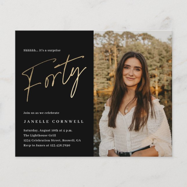 Black and Gold Photo 40th Birthday Invitation (Devant)