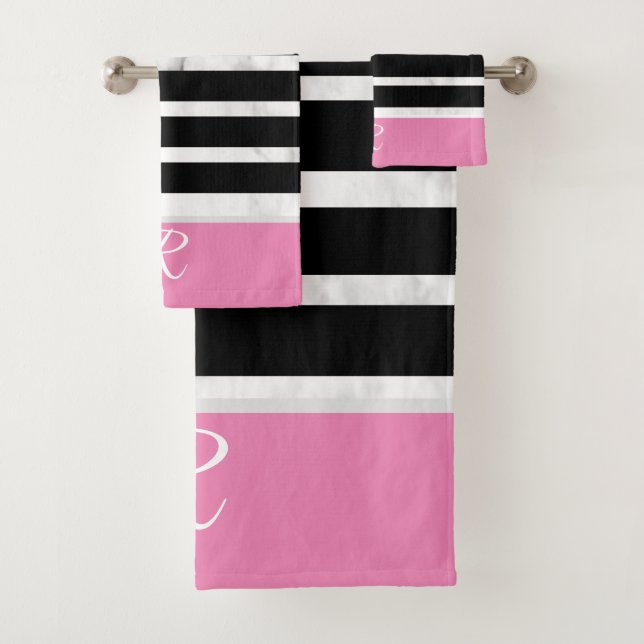 Black and Pink Stripes Marble Style Monogram (En situation)