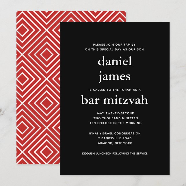 Black and Red Modern Bar Mitzvah Invitation (Devant / Derrière)