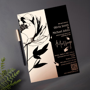 Black and Rose Gold Peony Code QR Invitation