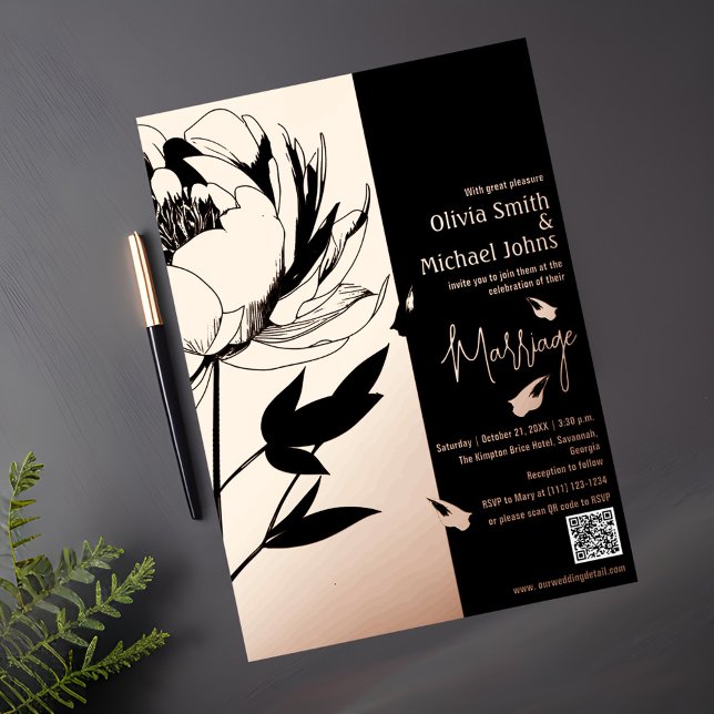 Black and Rose Gold Peony Code QR Invitation (Créateur téléchargé)
