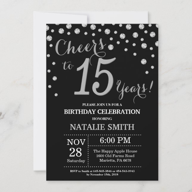 Black and Silver 15th Birthday Diamond Invitation (Devant)