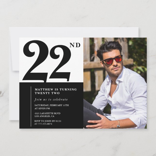 Black and White 22nd Birthday Invitations Photo (Devant)