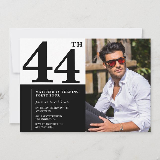 Black and White 44th Birthday Invitations Photo (Devant)