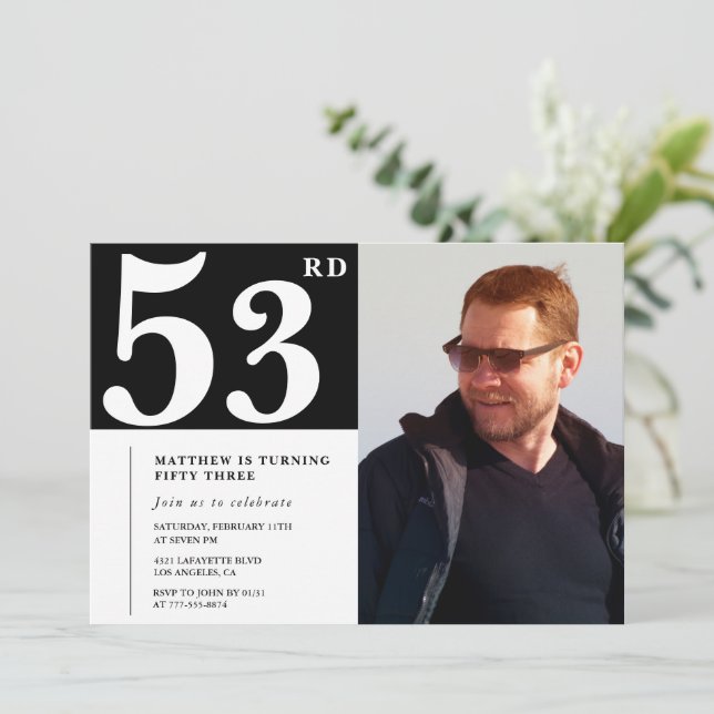 Black and White 53e anniversaire Invitations Photo (Debout devant)