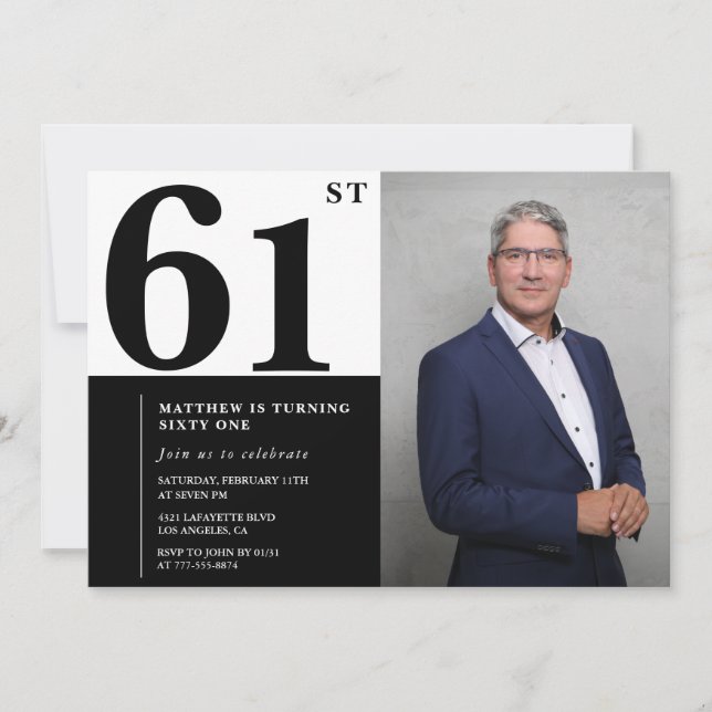 Black and White 61st Birthday Invitations Photo (Devant)