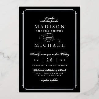 Black and White and Silver Foil Wedding Invitation