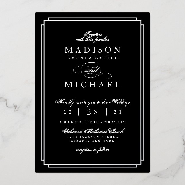Black and White and Silver Foil Wedding Invitation (Recto)