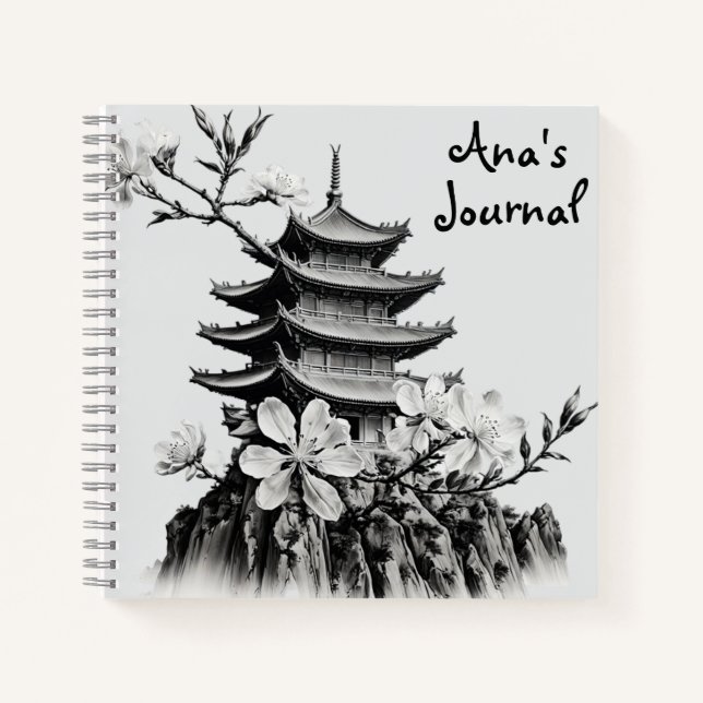 Black and White Cherry Blossoms Pagoda Journal (Devant)