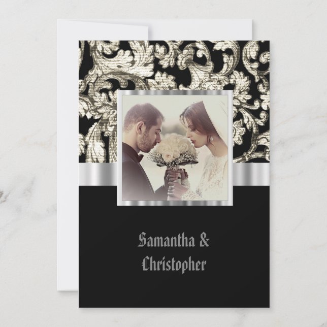 Black and white damask wedding photo invitation (Dos)