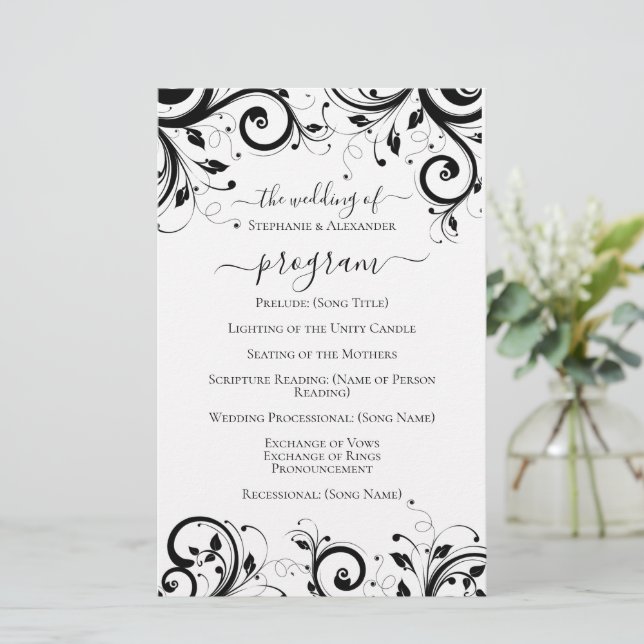 Black and White Festive Swirl Wedding Program (Debout devant)