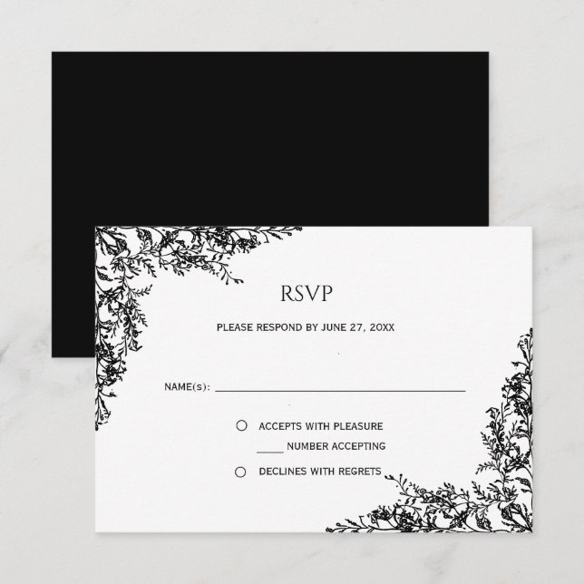 Black and White Floral Minimalist RSVP | (Devant / Derrière)