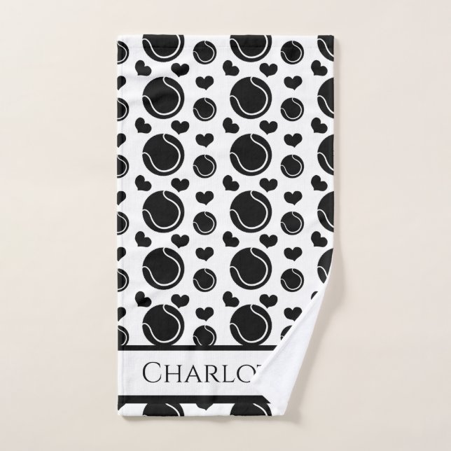 Black and White Hearts and Balls Sports Tennis Fun (Serviette à main)