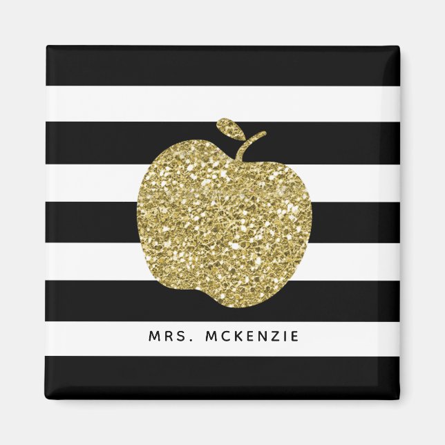 Black and White Stripes Gold Apple Teacher Magnet (Devant)