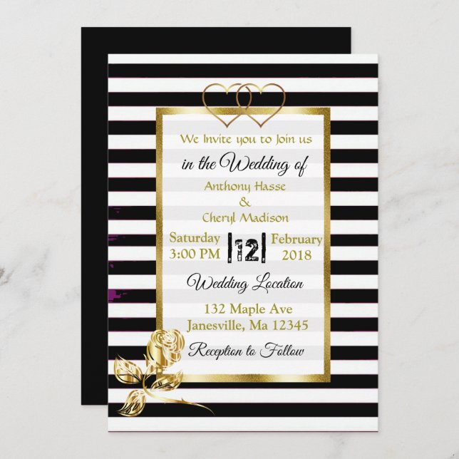 Black and White Stripes Gold Wedding Invitations (Devant / Derrière)