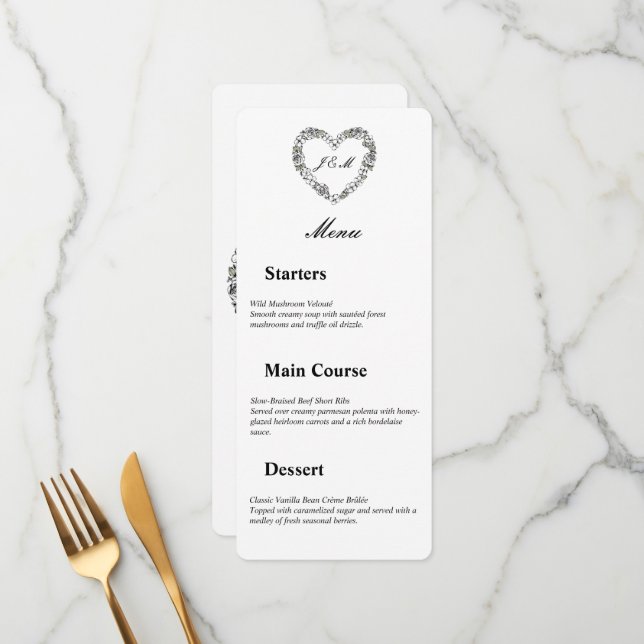 Black and white wedding menu with floral heart (Devant/Arrière en situation)