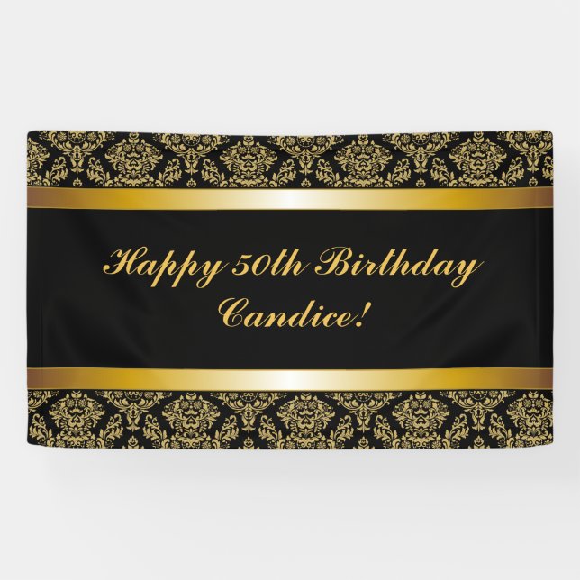 Black Any Age Gold Damask Anniversaire Bannière (Horizontal)