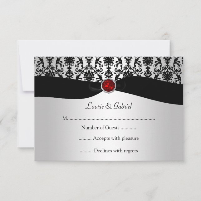 Black Argent Damask Red Jewel RSVP Invitation (Devant)