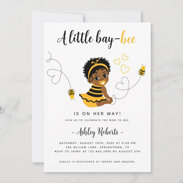 Black Baby Girl Bee Baby shower Invitation (Devant)