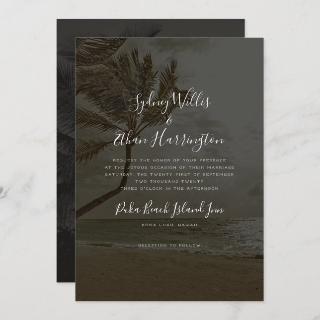 Black Beach Soirée Mariage Palm Trees Invitation (Devant / Derrière)