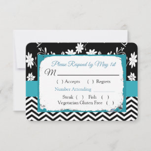 Black & Blue Floral Hearts Mariage carte RSVP