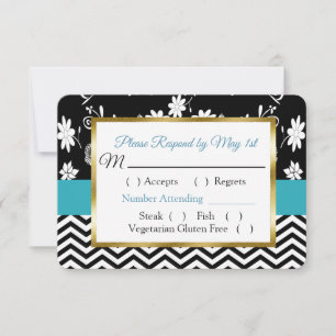 Black & Blue Floral Hearts Mariage carte RSVP