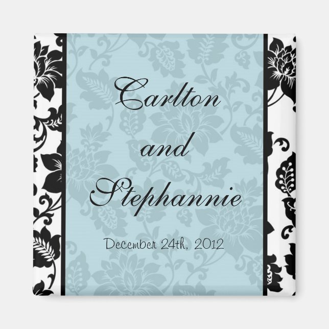 Black/Blue Floral Mariage damassé Magnet Favoriser (Devant)
