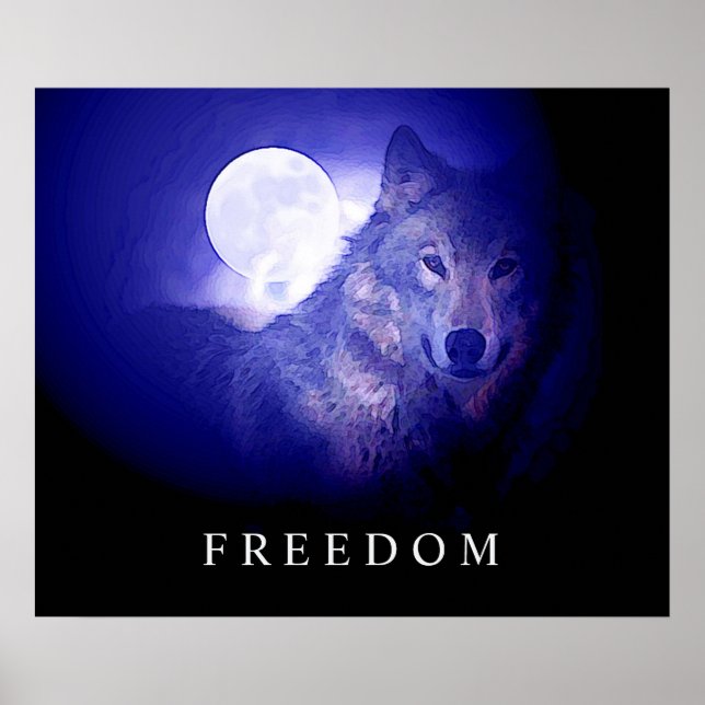 Black Blue Night Freedom Loup Head Fullmoon Poster (Devant)