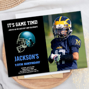 Black Blue Photo Football Anniversaire Invitations