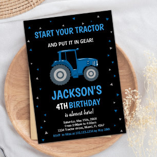 Black Blue Tractor Invitations d'anniversaire