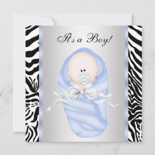 Black Blue Zebra Baby Boy Shower Invitations
