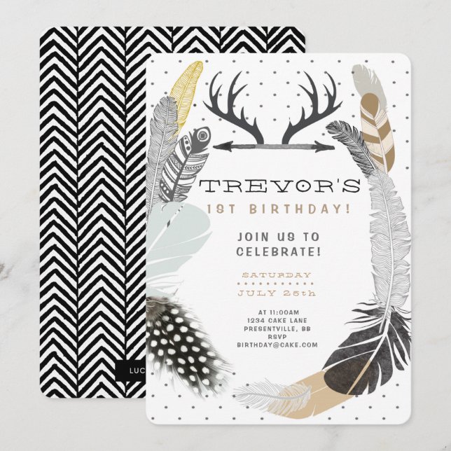Black Boho Feather Invitation Anniversaire (Devant / Derrière)