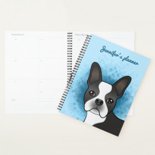Black Boston Terrier Dessin Chien Sur Bleu & Texte