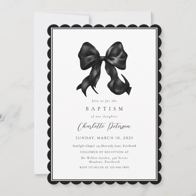 Black Bow Girl Baptism Invitation (Devant)