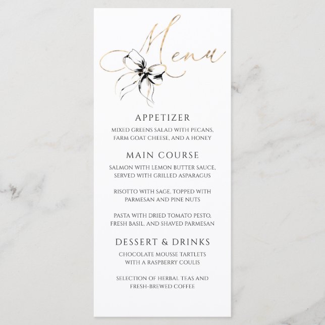 Black Bow Gold Typography Elegant Party Menu (Devant)