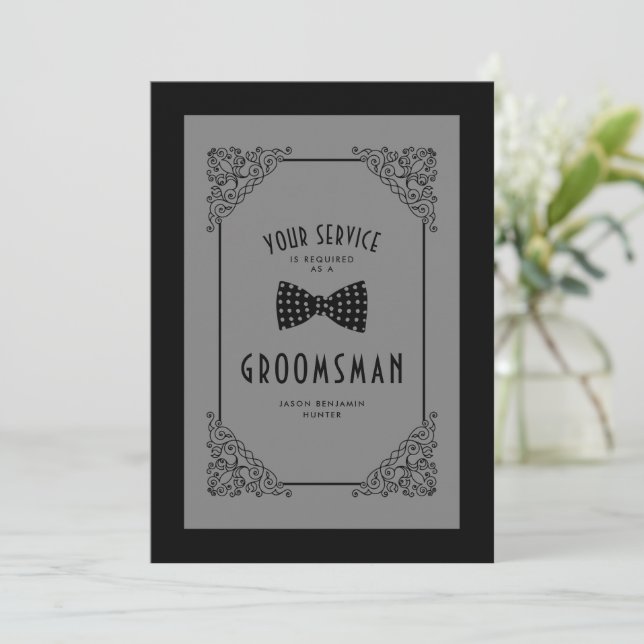 Black Bow Tie Groomsman Vintage Flourish Proposal (Debout devant)