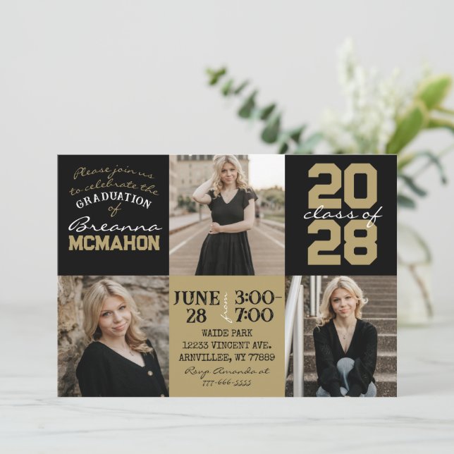 Black & Bronze Gold 3 Photo Graduation Invitation (Debout devant)