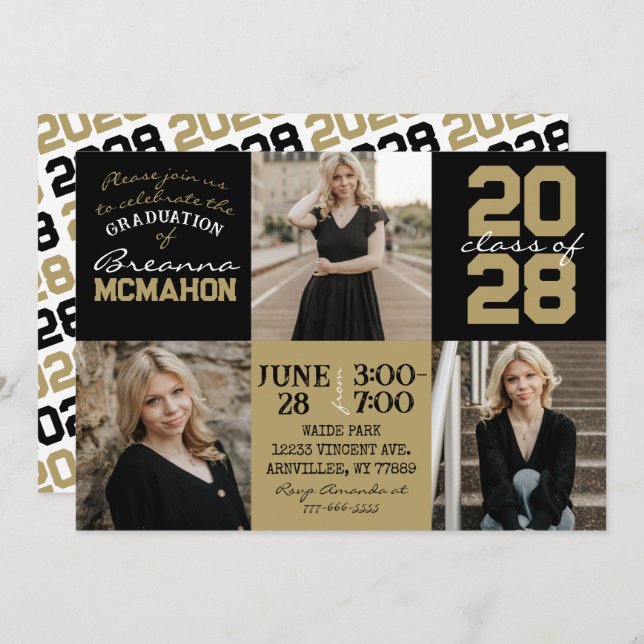 Black & Bronze Gold 3 Photo Graduation Invitation (Devant / Derrière)
