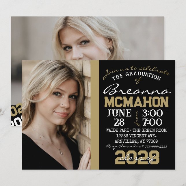 Black & Bronze Gold Graduation 2 Photo Invitation (Devant / Derrière)