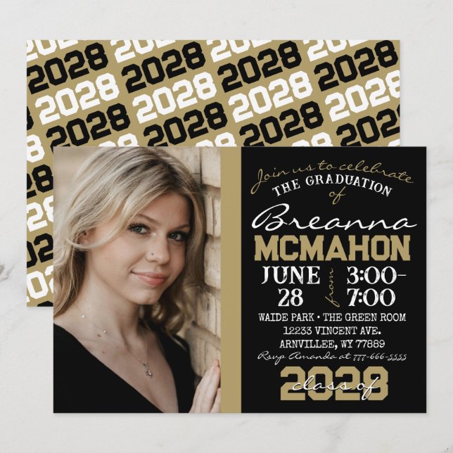 Black & Bronze Gold Graduation Photo Invitation (Devant / Derrière)