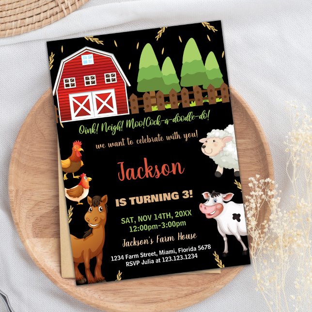 Black Brown Green Farm Invitations d'anniversaire (Black Brown Green Farm Birthday Invitations)