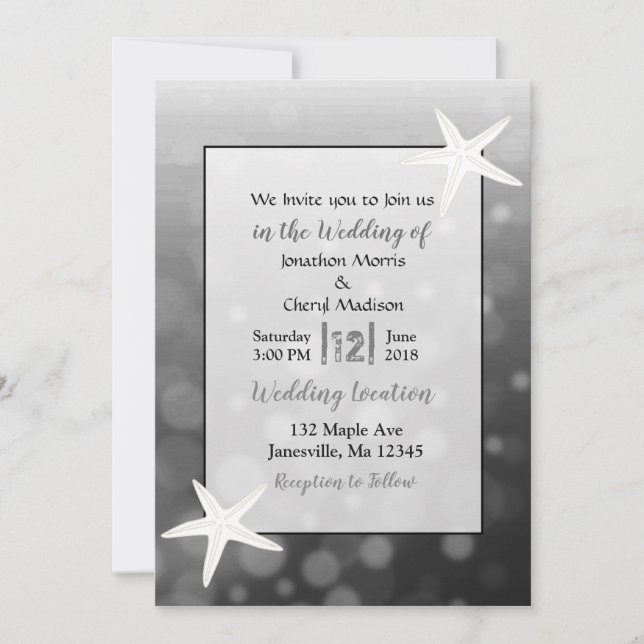 Black Bubbles Starfish Plage Mariage Invitations (Devant)